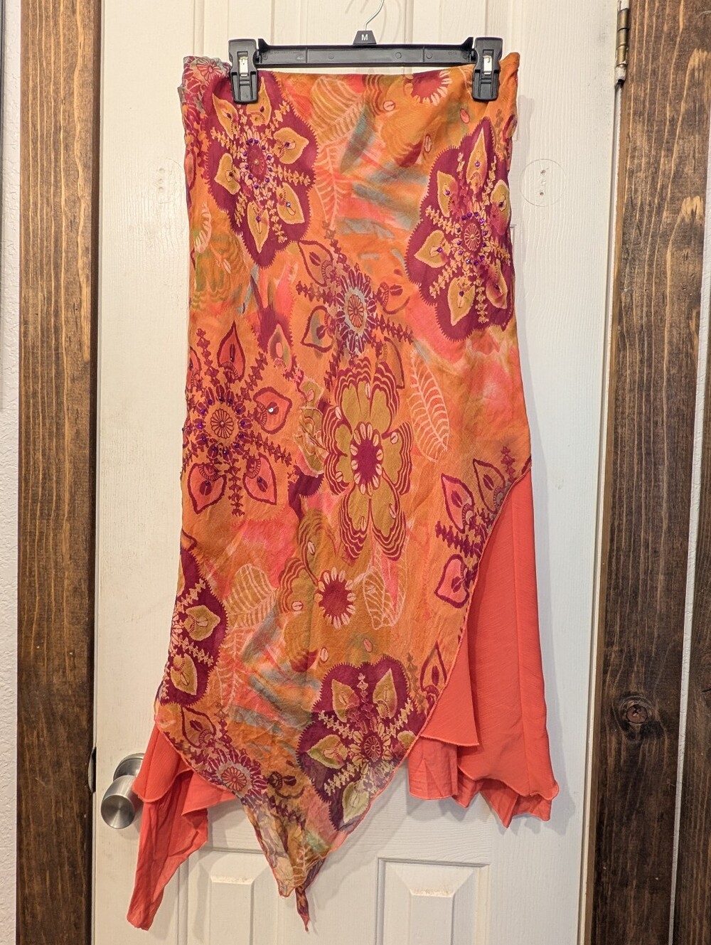 Women's Tropical Orange Floral Patterned Rhinestone Midi Skirt Size 8 Summer